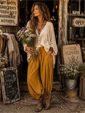 ✨ Free People Mustard Balloon Pants  Boho Prairie Cottagecore Harem Pants ✨